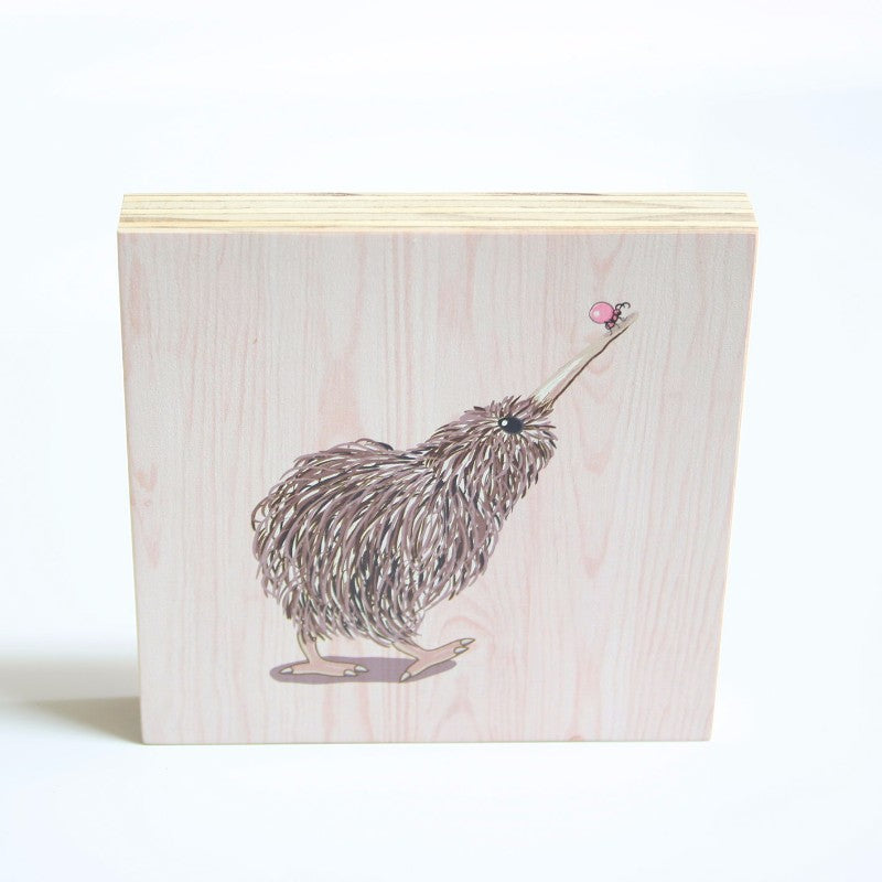 Kiwiana wall art block featuring a vibrant Kiwi with Ant design, crafted from eco-friendly pine plywood, ready to hang.