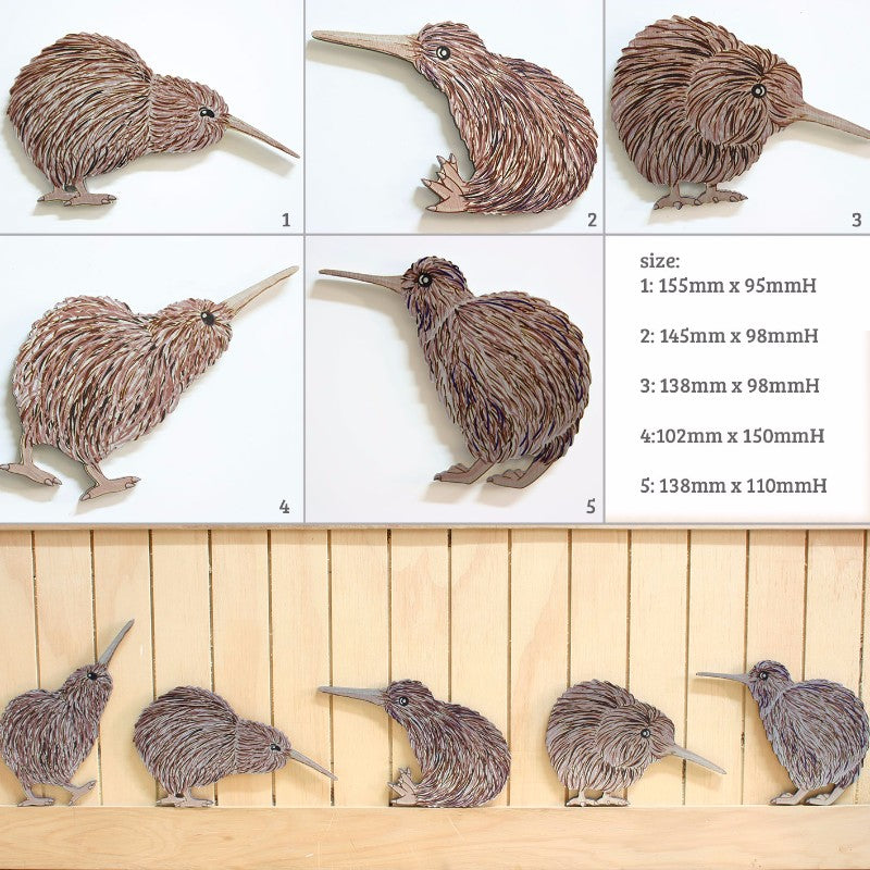 Set of five vibrant Kiwi bird wall art pieces on brushed silver, perfect for indoor and covered outdoor decor.