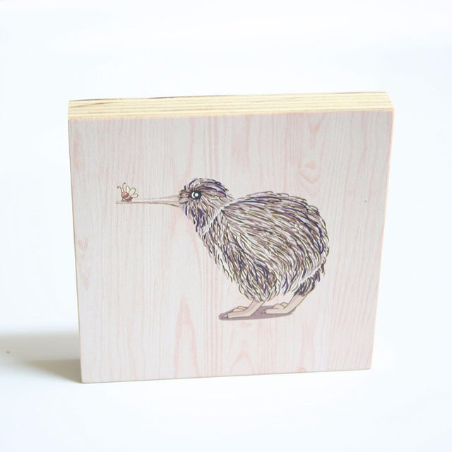 Kiwiana wall art featuring a Kiwi and Bee on eco-friendly plywood, vibrant colors, ready to hang, 120mm x 120mm x 18mm.