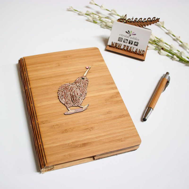 Kiwana Printed Bamboo Journal featuring a kiwi with an ant design, eco-friendly, A5 replaceable internal notebook.