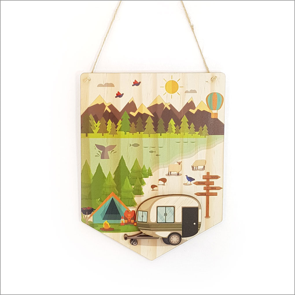 A vibrant Kiwi Holiday Printed Pine Flag, made from eco-friendly pine veneer, perfect for enhancing home decor.