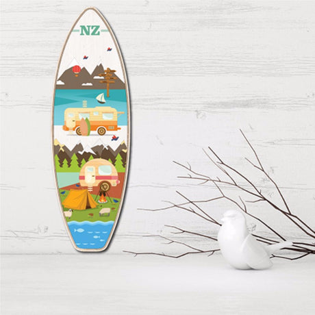 Kiwiana wall art featuring eco-friendly surfboard design, capturing New Zealand's coastal charm and ready to hang.