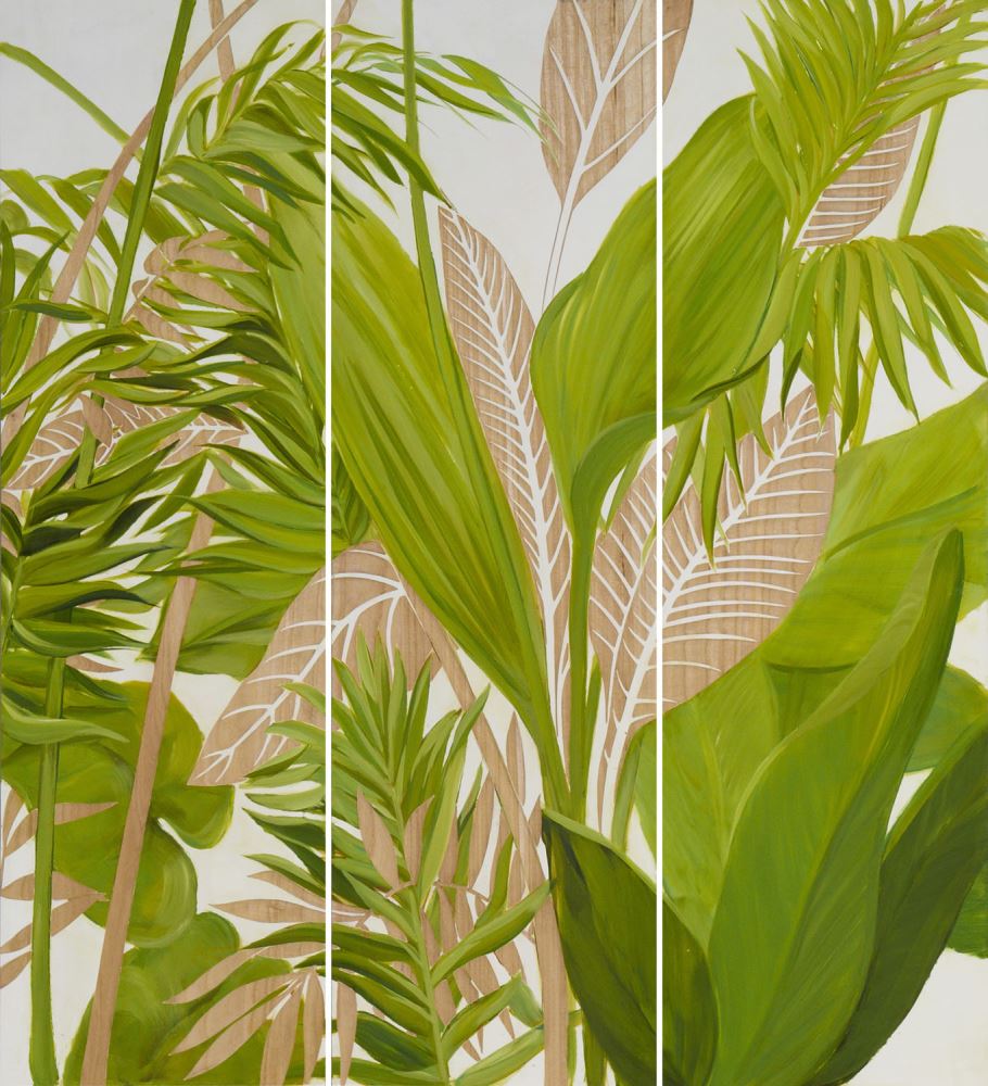 Handpainted and carved wooden palm panels in paulownia wood, featuring a hardwood frame, set of three.