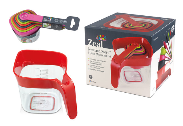 Stackable 9-piece Zeal Measuring Set with non-slip base, includes jug and various cups/spoons for precise cooking and baking.