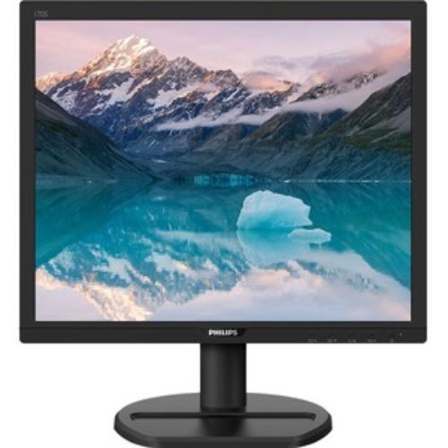 Philips 170S9A 17" SXGA monitor in textured black, featuring vibrant colors, LowBlue Mode, built-in speakers, and flicker-free technology.