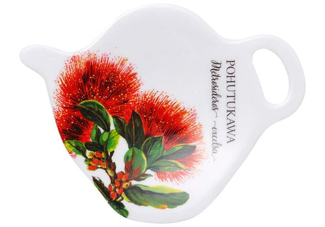 Set of 6 vibrant tea bag holders featuring NZ Pohutukawa flowers, keeps bags secure while enhancing your tea experience.