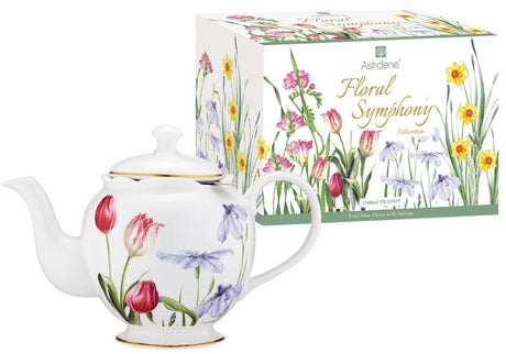 Elegant set of 2 fine bone china teapots (1000ml) with vibrant floral design and included infuser for loose tea.