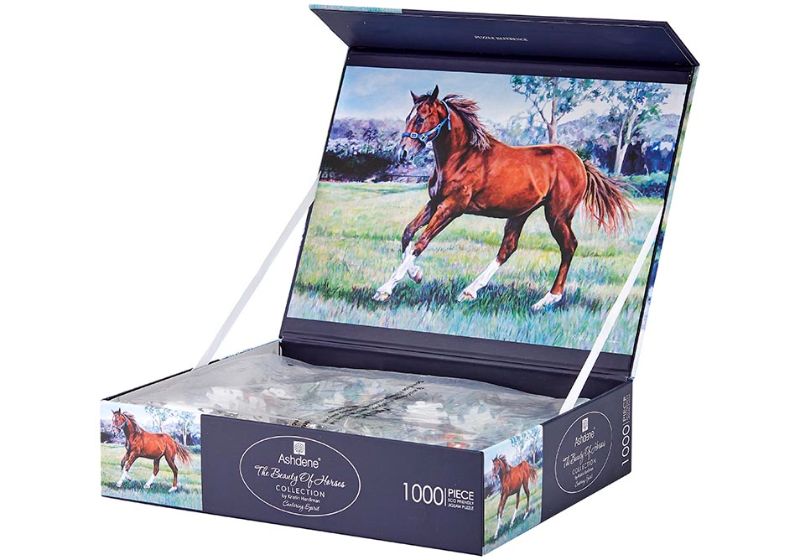 Jigsaw puzzle featuring elegant cantering horses, 1000 pieces, designed by Kristin Hardiman on recycled cardboard.