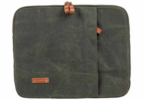 Olive green laptop sleeve, 36cm, stylish and protective with durable zipper for easy access and secure fit.