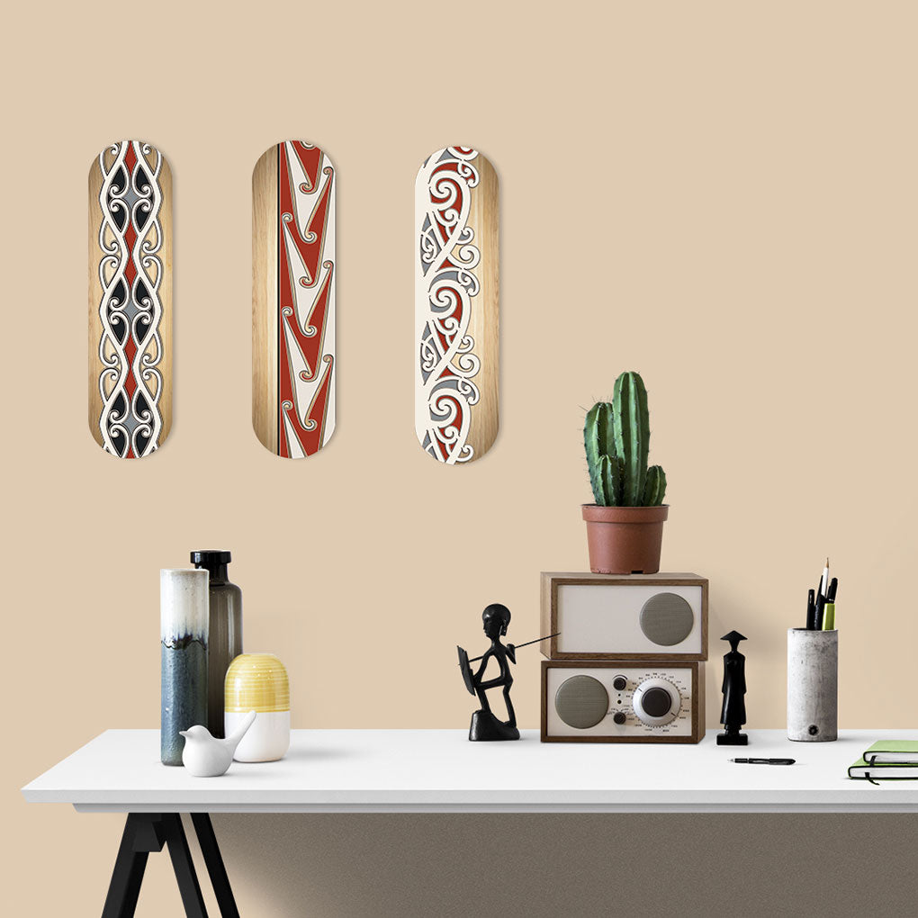 Vibrant Kowhaiwhai 3 skateboard art on durable 4mm ACM, ideal for enhancing indoor and outdoor spaces with M?ori design.