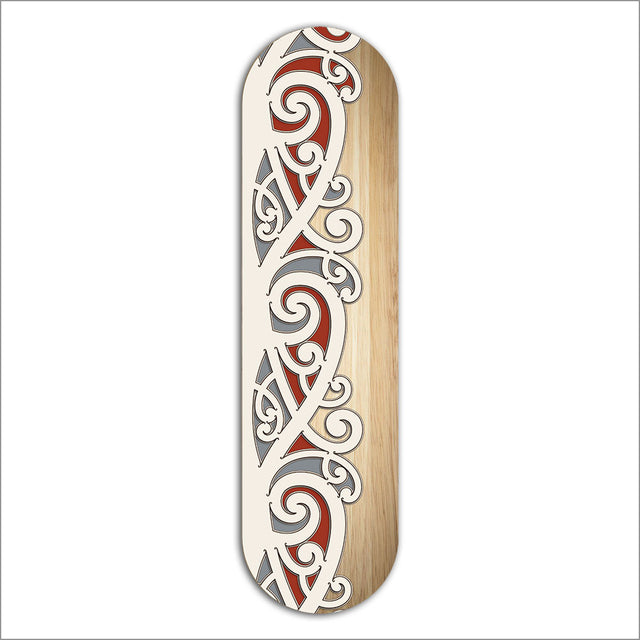 ACM Skateboard Art featuring Kowhaiwhai design, vibrant M?ori patterns crafted from durable 4mm thick aluminium composite.