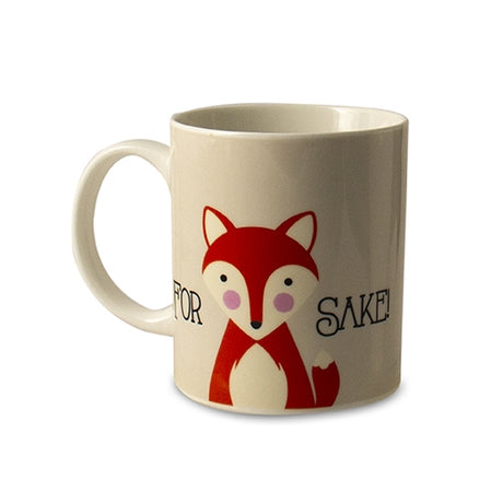 Ceramic 12oz mug featuring whimsical "For Fox Sake" text, perfect for coffee and tea lovers, microwave and dishwasher safe.