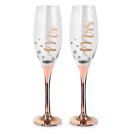 Elegant Mr & Mrs rose gold champagne glasses, perfect for weddings and romantic celebrations, enhancing every toast and moment.