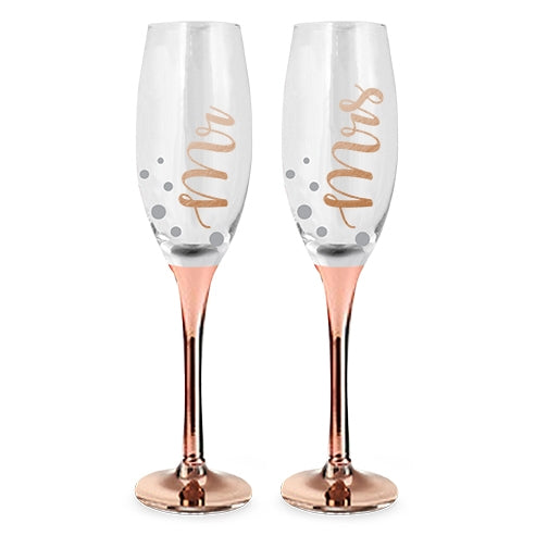 Elegant Mr & Mrs rose gold champagne glasses, perfect for weddings and romantic celebrations, enhancing every toast and moment.