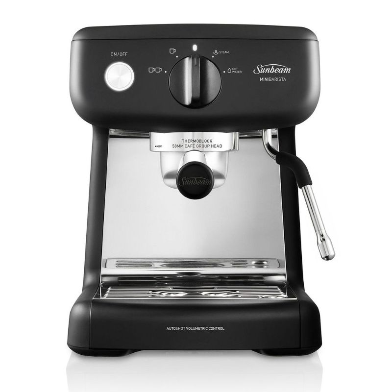 Sunbeam Mini Barista Espresso Machine in black, featuring 15-bar pump, PID heating, and 2L tank for home brewing excellence.