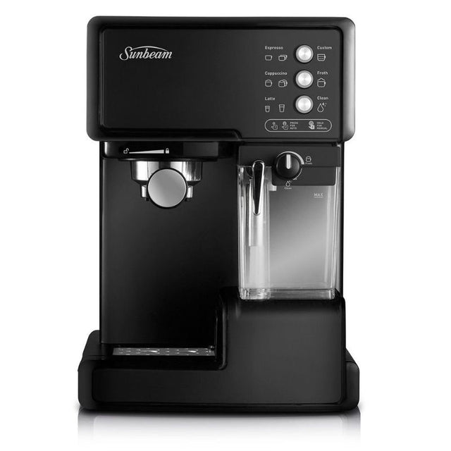 Sleek black Sunbeam espresso machine with 15 bar pump, milk reservoir, and one-touch controls for home barista-quality coffee.