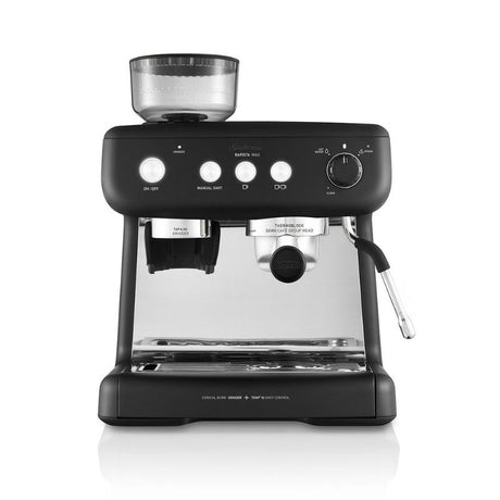 Sunbeam Barista Max coffee machine in black, featuring an integrated grinder and advanced PID for perfect espresso at home.