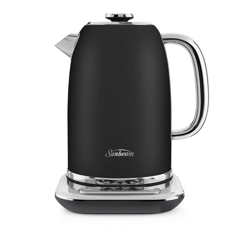 Elegant black Sunbeam Alinea Select kettle with 1.7L capacity, precise temperature control, and 3-way safety system.
