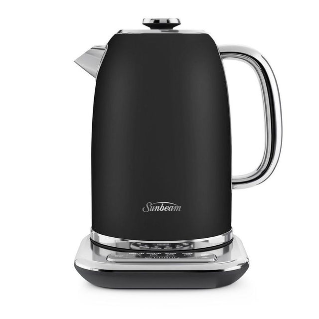 Elegant black Sunbeam Alinea Select kettle with 1.7L capacity, precise temperature control, and 3-way safety system.