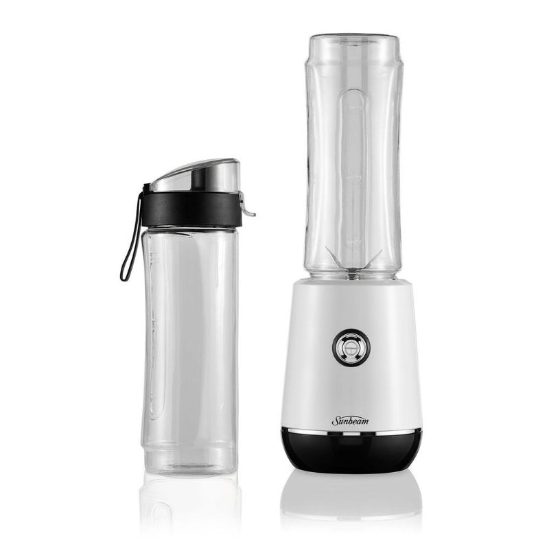Sunbeam Insta Go Blender in white with 350W motor, includes 2 BPA-free Tritan bottles for smoothies on the go.