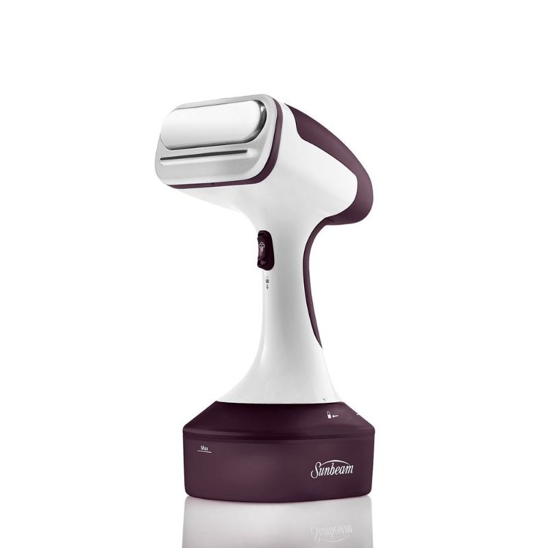 Sunbeam Power Steam Handheld Garment Steamer in purple, with 1400 watts, 18 mins steam, and 4 accessories for easy wrinkle removal.