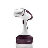 Sunbeam Power Steam Handheld Garment Steamer in purple, with 1400 watts, 18 mins steam, and 4 accessories for easy wrinkle removal.