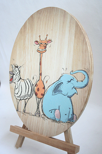 Whimsical plywood wall art featuring laughing animals, perfect for adding charm and joy to any room.