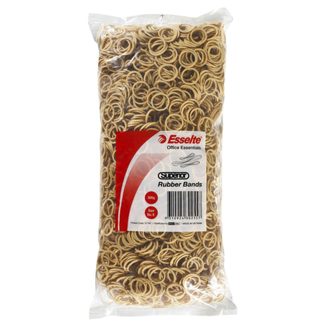 Esselte Superior Rubberbands in a 500gm bag, size 8, natural rubber, ideal for organizing and bundling items reliably.