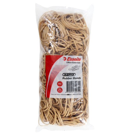 High-quality Esselte Superior Rubberbands Size 32 in a 500g bag, ideal for office and home bundling tasks.