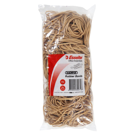 Esselte Superior Rubber Bands Size 33 in a 500g bag, made from high-quality natural rubber, ideal for organizing and bundling.