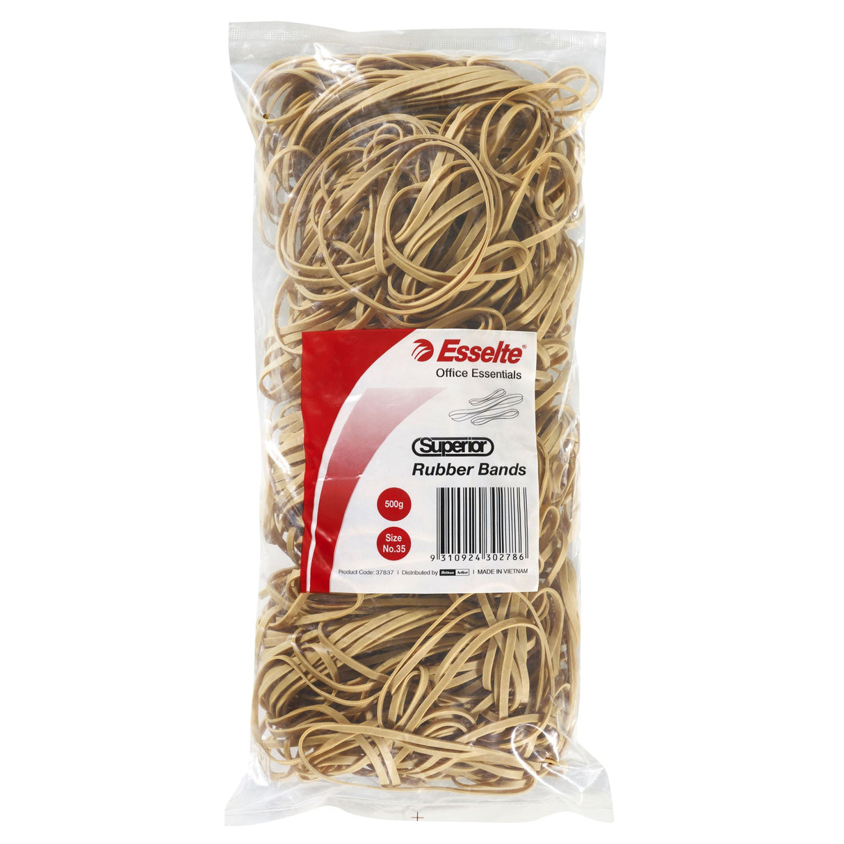 Esselte Superior Rubberbands Size 35 in a 500gm bag, made from natural rubber for strong, elastic bundling in various settings.