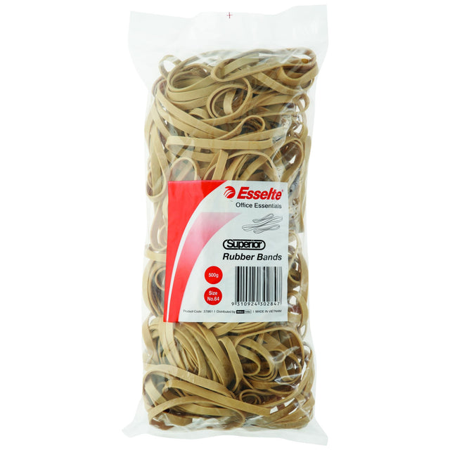 Esselte Superior Rubberbands Size 64 in a 500g bag, made from durable natural rubber for versatile bundling and organization.