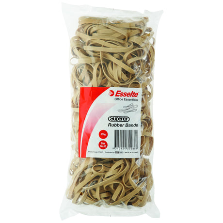 Esselte Superior Rubberbands Size 65 in a 500g bag, made from durable natural rubber, ideal for organizing and bundling.