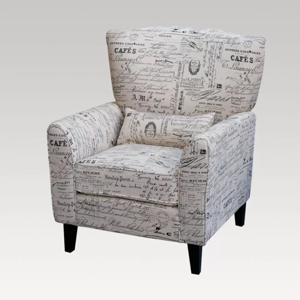 Monique Newspaper Chair with vintage print, high back, comfy cushions, ideal for stylish living spaces.