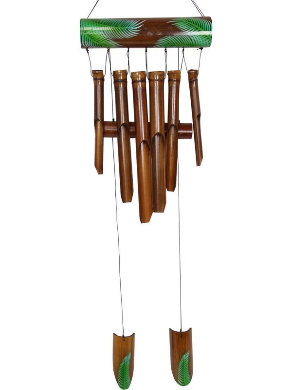 Set of 2 bamboo wind chimes with green leaf design, creating soothing melodies for tranquil indoor and outdoor spaces.