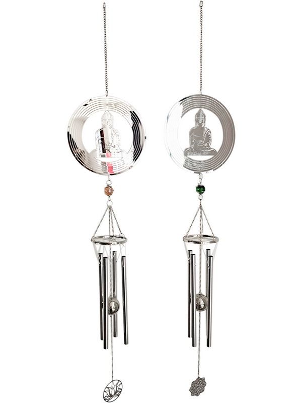 Set of 2 silver Buddha wind chimes, featuring intricate designs for outdoor serenity and soothing sounds.