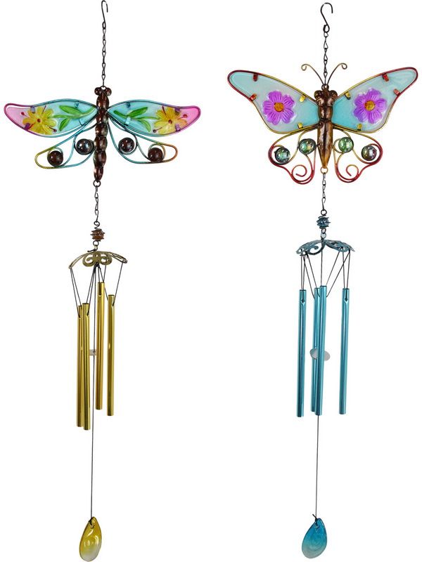 Set of 2 colorful glass mosaic and metal butterfly wind chimes, 79cm, perfect for enhancing outdoor ambiance.