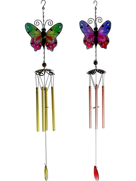 Mosaic glass and metal butterfly wind chimes, 75cm, set of 2, colorful design enhances outdoor spaces with soothing sounds.