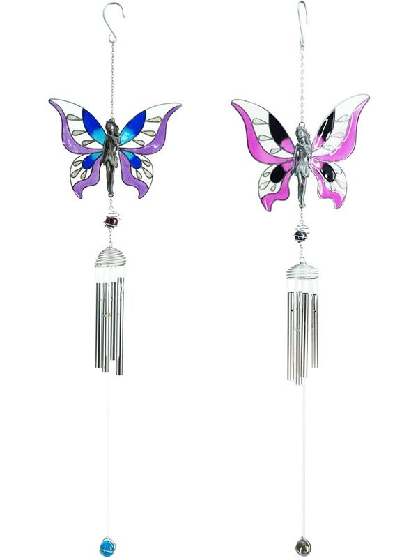 Set of 2 whimsical pewter fairy wind chimes (72cm) that create soothing melodies for outdoor spaces.