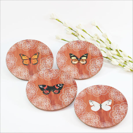 Elegant butterfly lace coasters in 4mm MDF with cork base, perfect for protecting surfaces while enhancing decor.