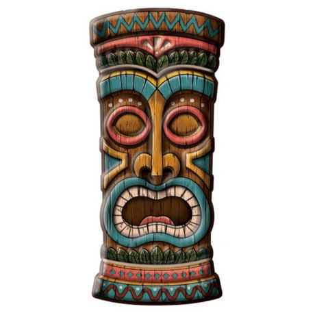 Vintage tiki head decoration in vibrant colors, perfect for tropical-themed parties and home decor, made from durable plastic.