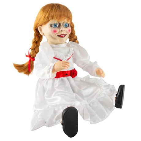 Lifelike Animatronic Sitting Annabelle doll with motion activation and chilling sounds, perfect for Halloween decor and horror collectors.