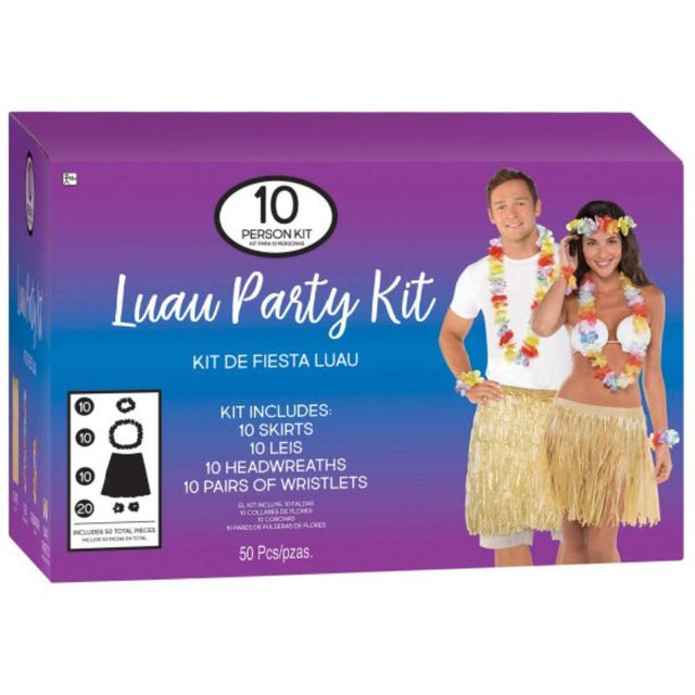 Vibrant Luau party kit for 10, featuring skirts, leis, headwreaths, and wristlets for a festive beach-themed celebration.