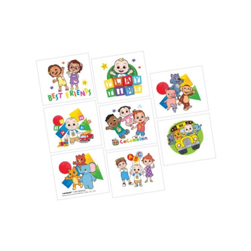 Colorful Cocomelon temporary tattoos featuring favorite characters, perfect for kids' parties and creative play. Pack of 8.