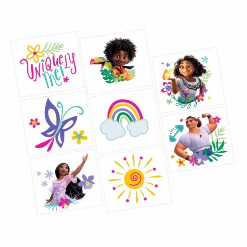 Colorful Encanto temporary tattoos featuring magical designs, perfect for parties or creative fun. Pack of 8 unique styles.