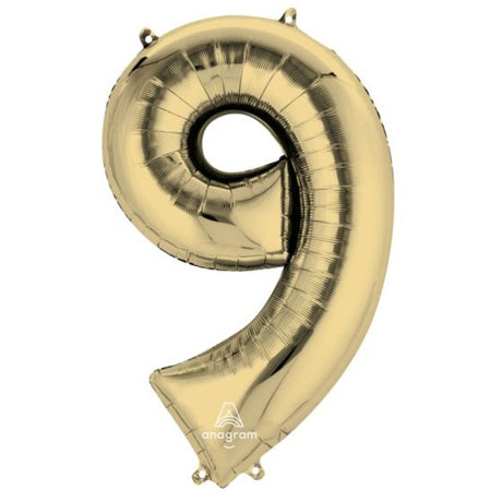 SuperShape White Gold Numeral 9 Balloon, 86cm, perfect for celebrations with a shimmering finish and durable foil design.