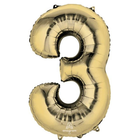 SuperShape White Gold Numeral 3 balloon, 86cm, perfect for elegant celebrations and memorable photo opportunities.