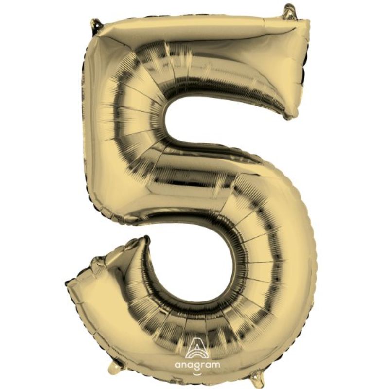 SuperShape White Gold Numeral 5 balloon, 86cm, elegant design for celebrations, perfect for birthdays and special events.