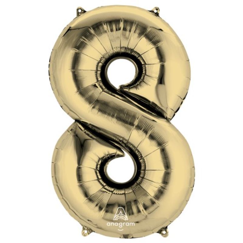 SuperShape White Gold Numeral 8 Balloon, 86cm, self-sealing foil, ideal for elegant celebrations and special events.