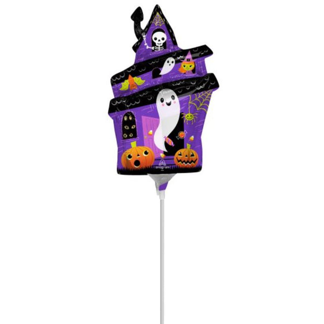 Mini Shape Halloween Haunted House Balloon featuring an adorable haunted house design with ghosts and bats for festive decor.